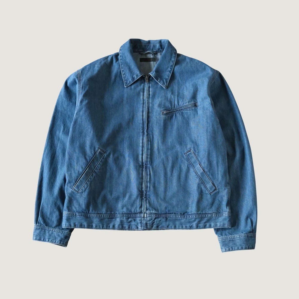 Uniqlo Zip-Up Blouson Denim Jacket Blue Workwear Relaxed Fit Large Vintage Style